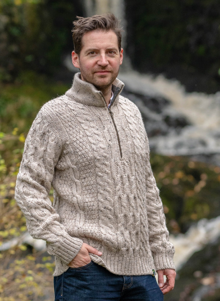 Keasden Zip Neck Aran British Wool Jumper