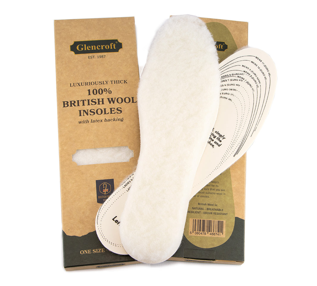 Pair of British Wool cut to fit insoles displayed on top of their box