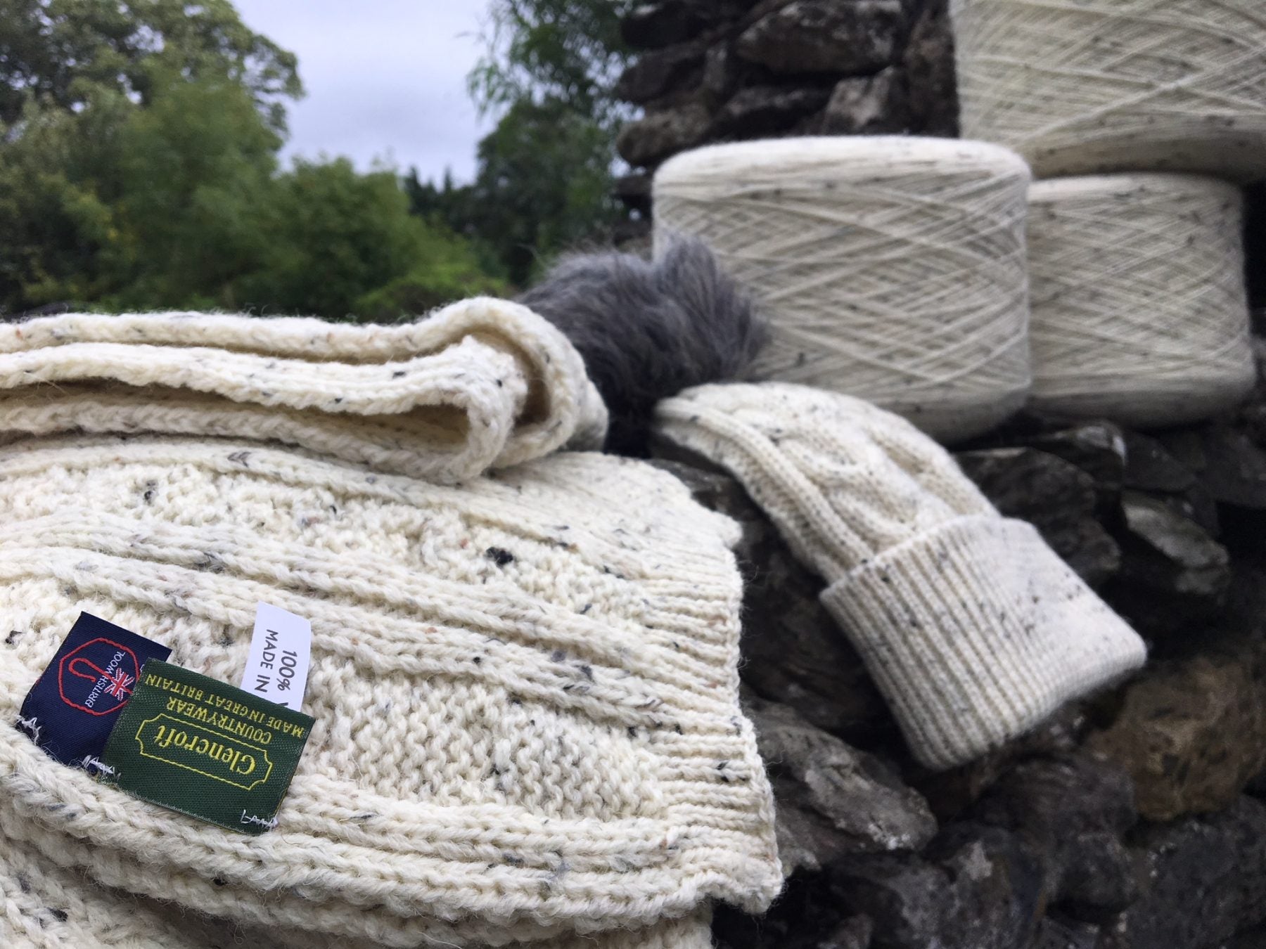 British Wool hat and scarf with wool in background