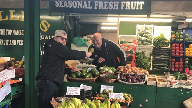 Adrian Chiles at fruit stall