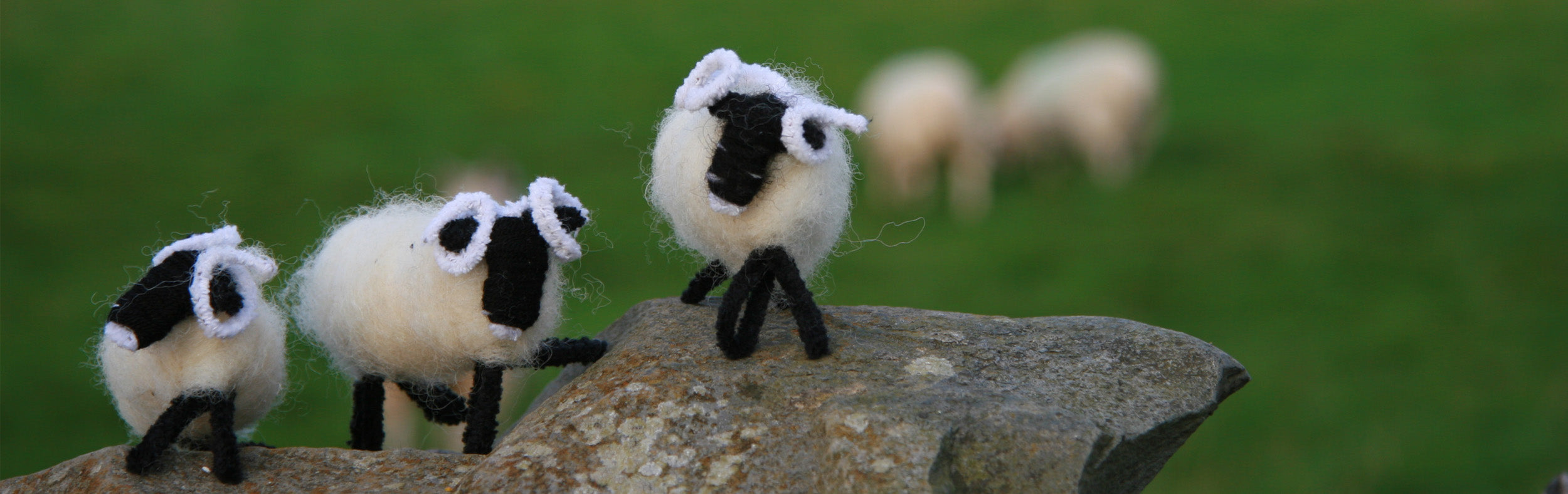 3 small model sheep on top of a dry stone wall