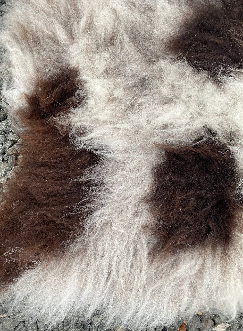 Brown and grey sheepskin rug close up 