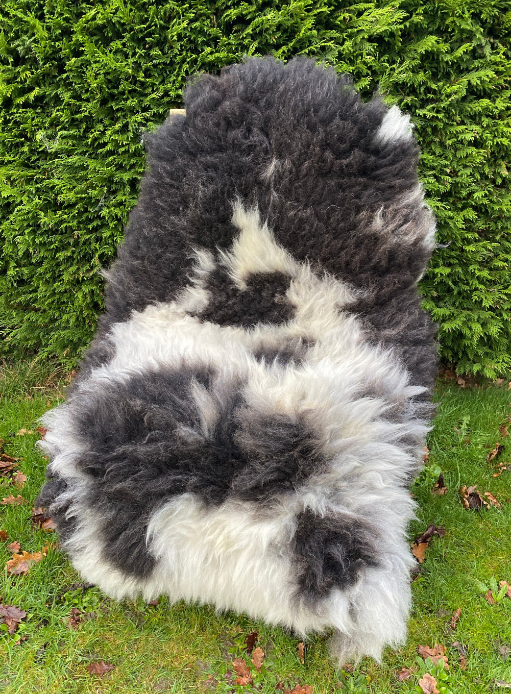 Black and grey sheepskin rug on chair 