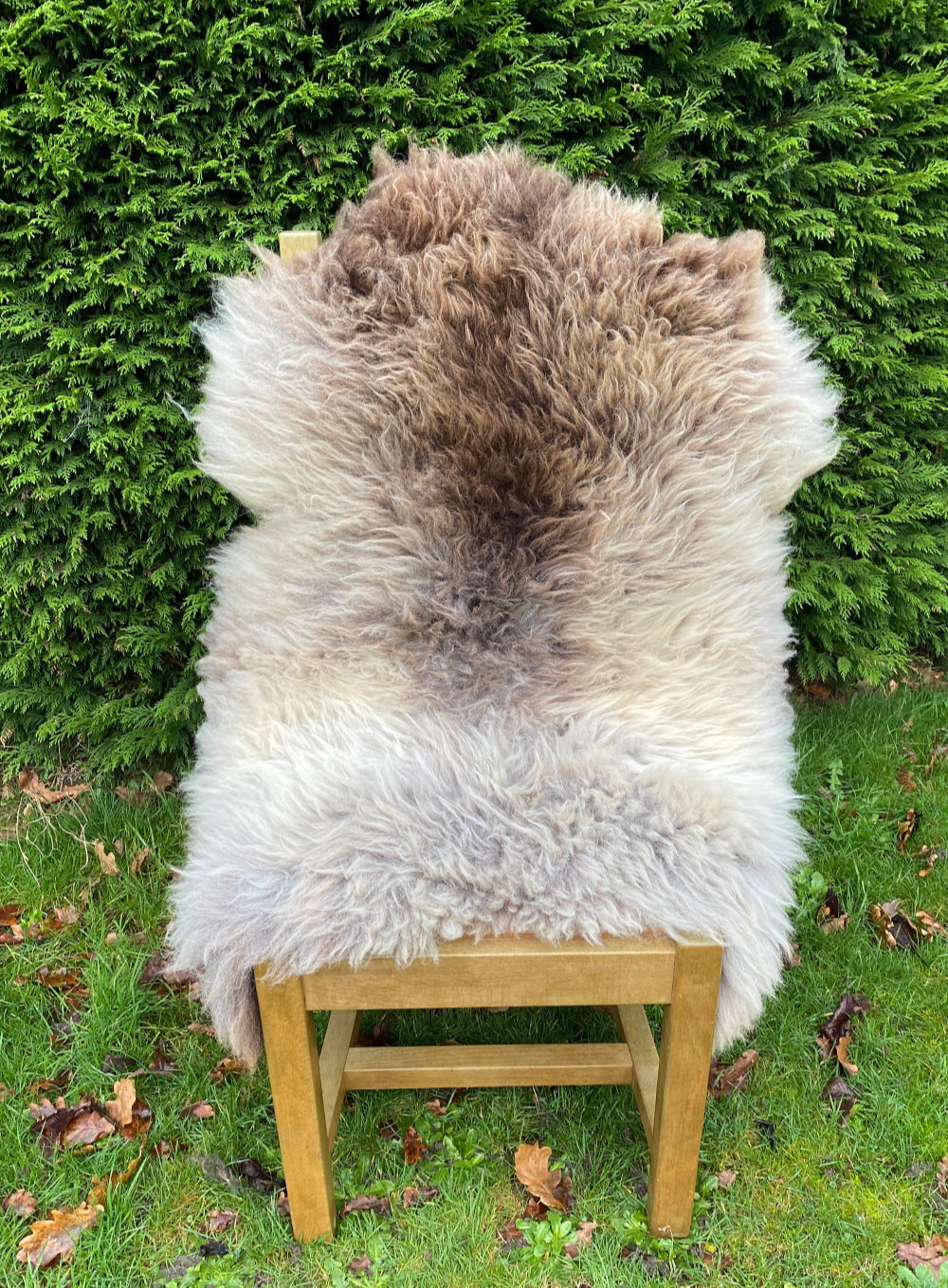 Brown and beige sheepskin rug on chair