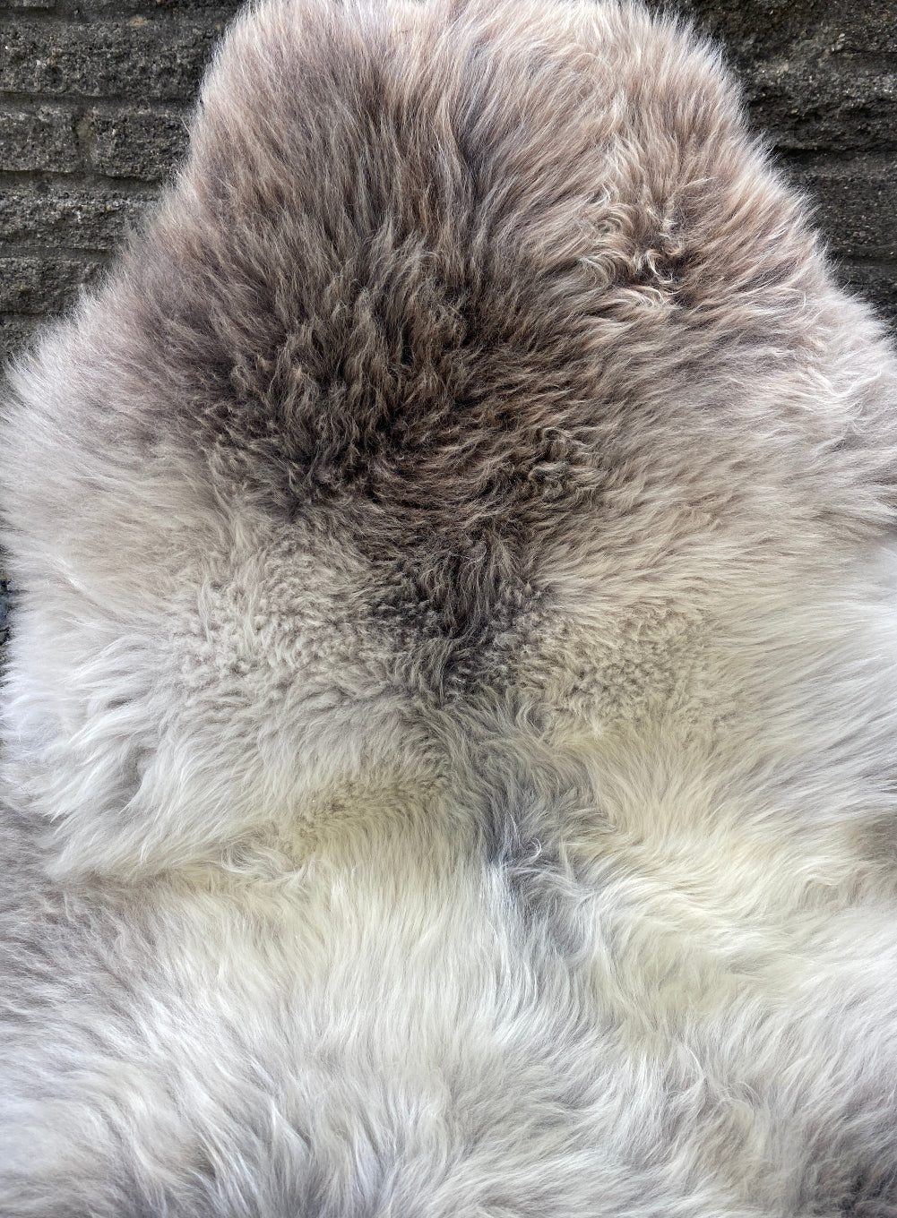 Grey sheepskin rug close up 