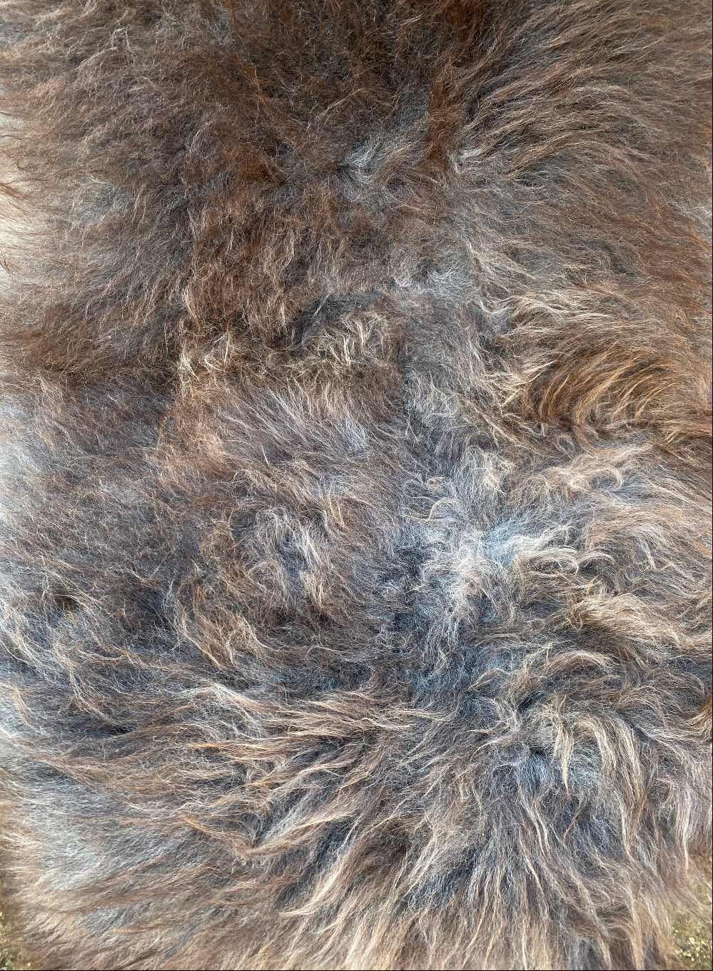 Brown and grey sheepskin rug close up 
