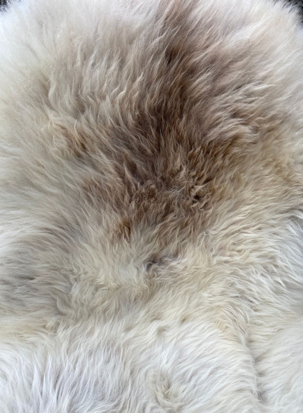Cream speckled sheepskin rug close up