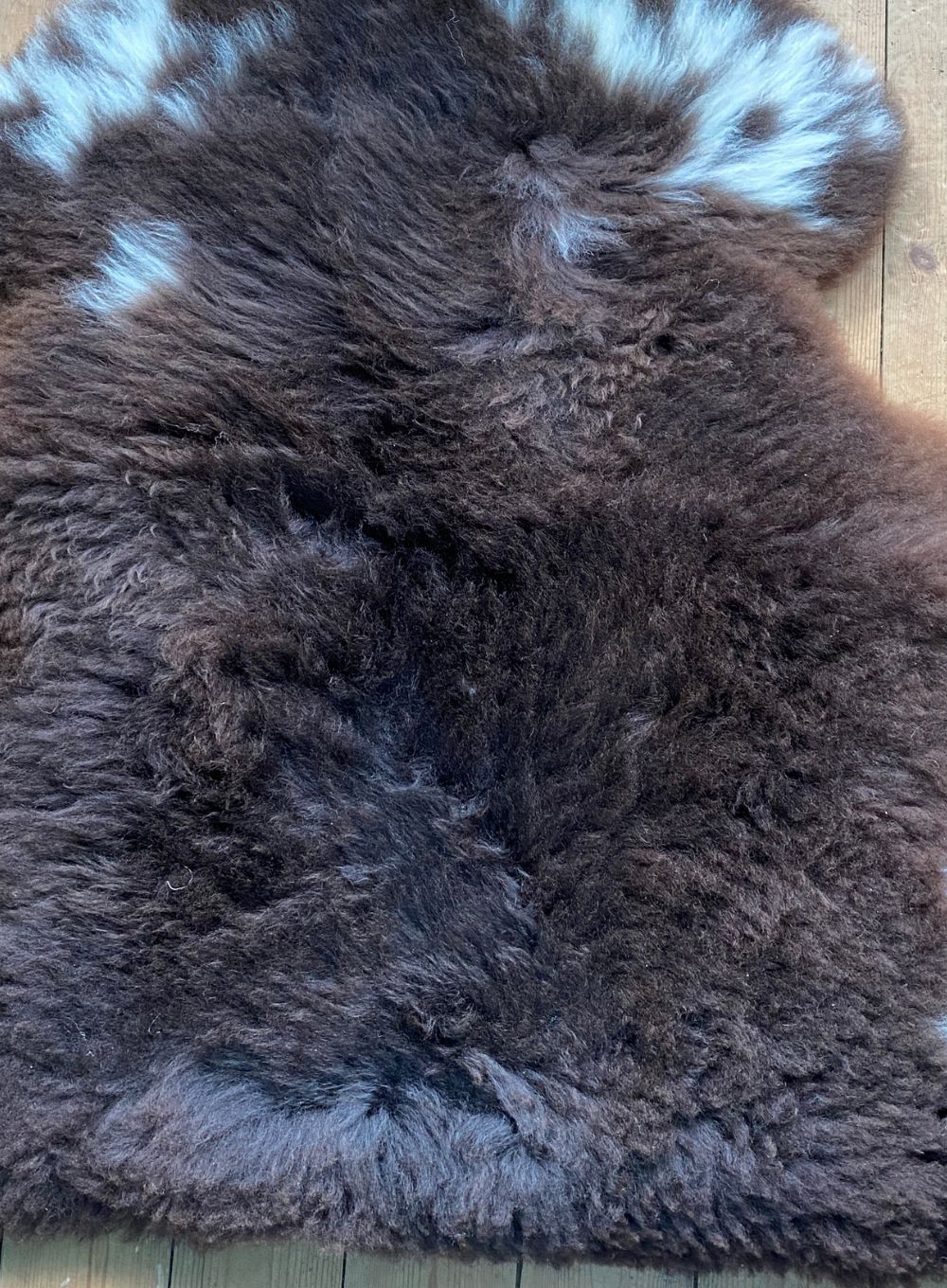 Brown sheepskin rug with cream spots close up