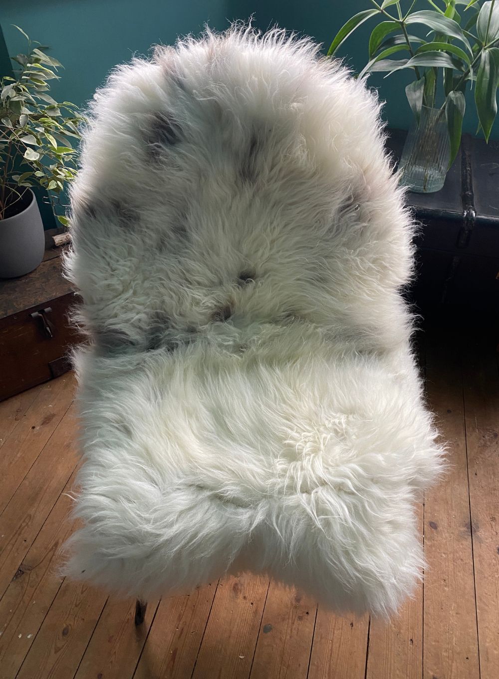 Cream speckled sheepskin on chair 