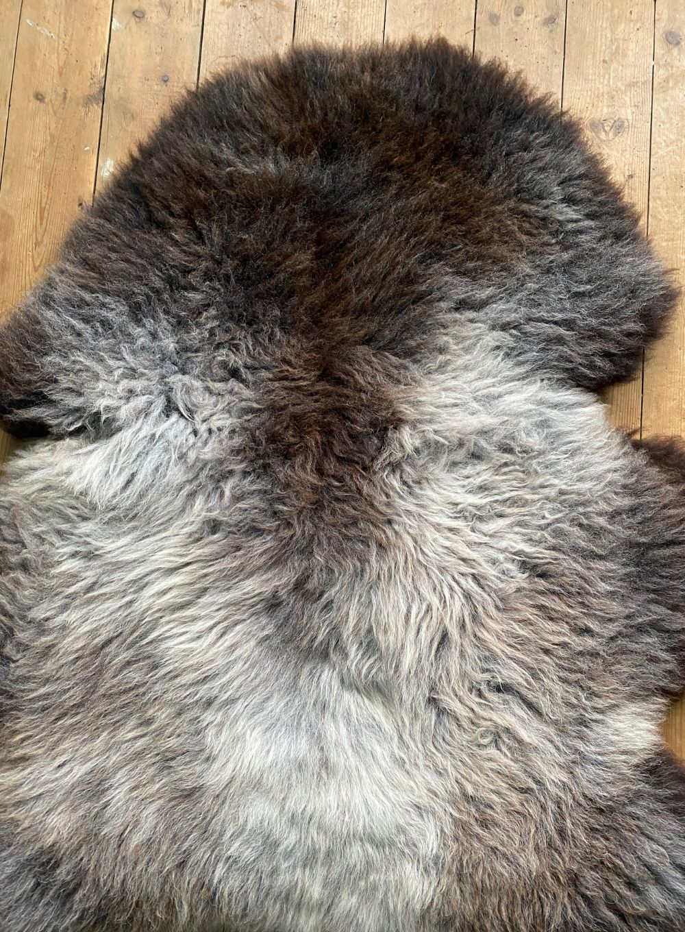 Brown and grey sheepskin rug close up