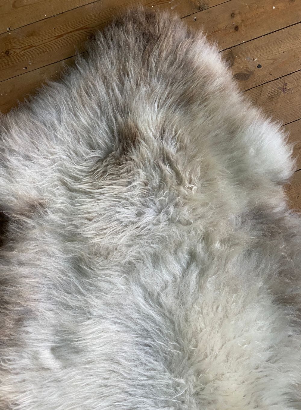 Cream speckled sheepskin rug close up