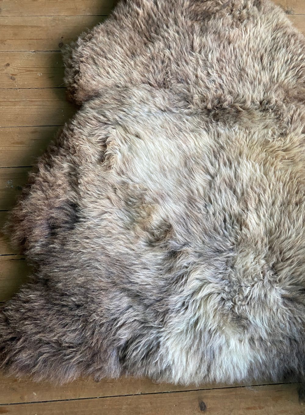 Brown and cream sheepskin rug close up 