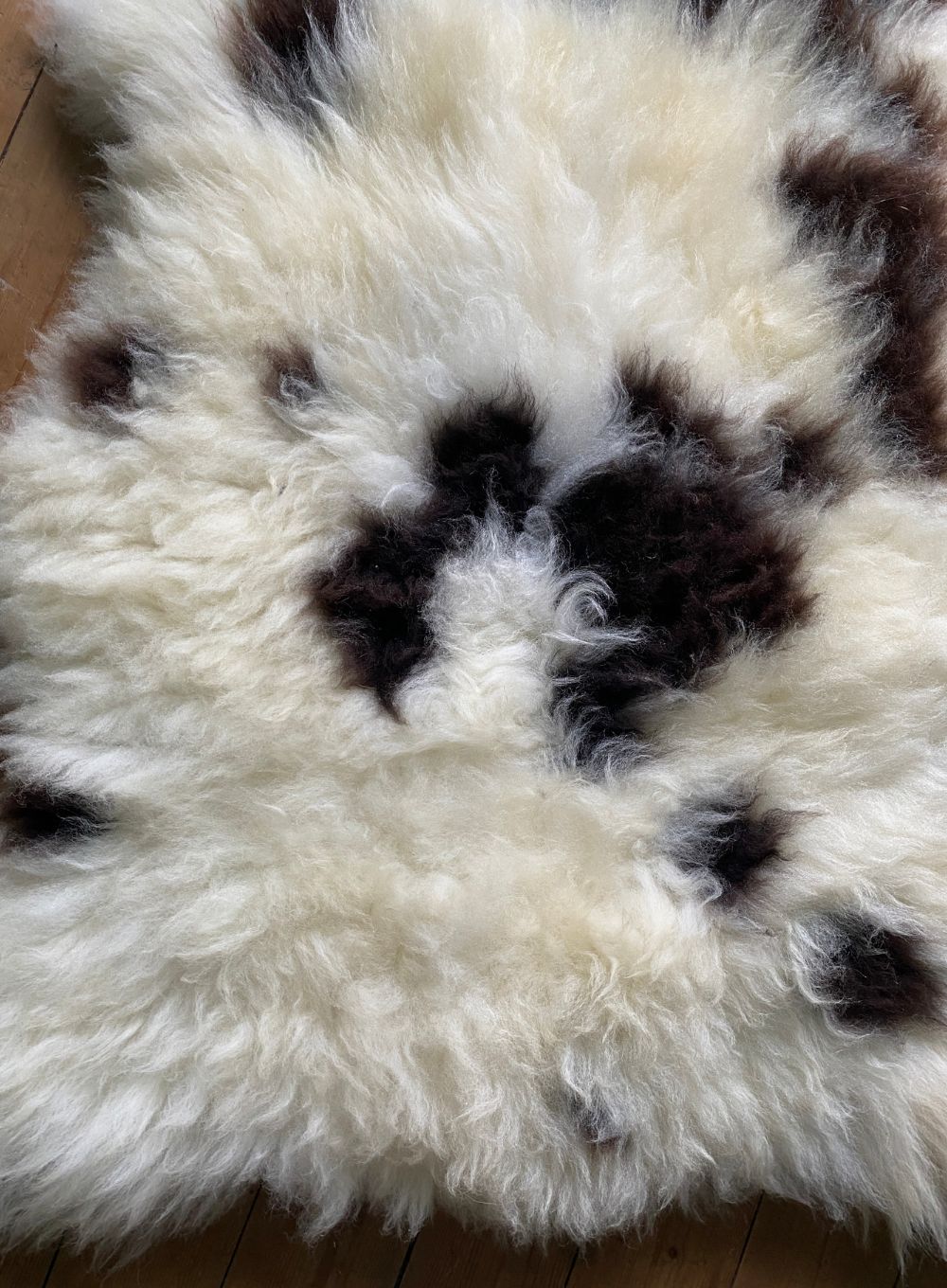 Brown and cream spotty sheepskin close up
