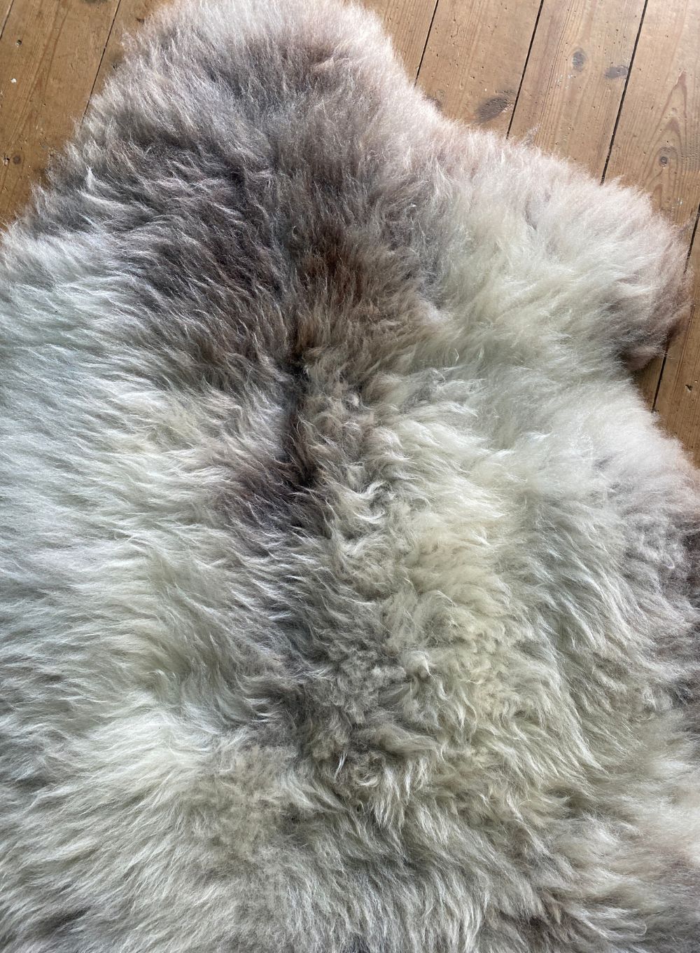 Cream speckled sheepskin rug close up 