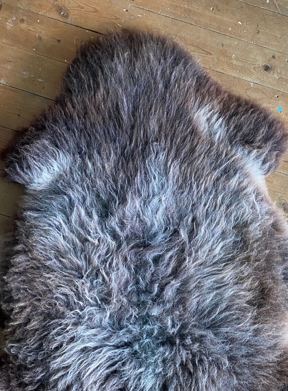 Brown and grey sheepskin rug close up