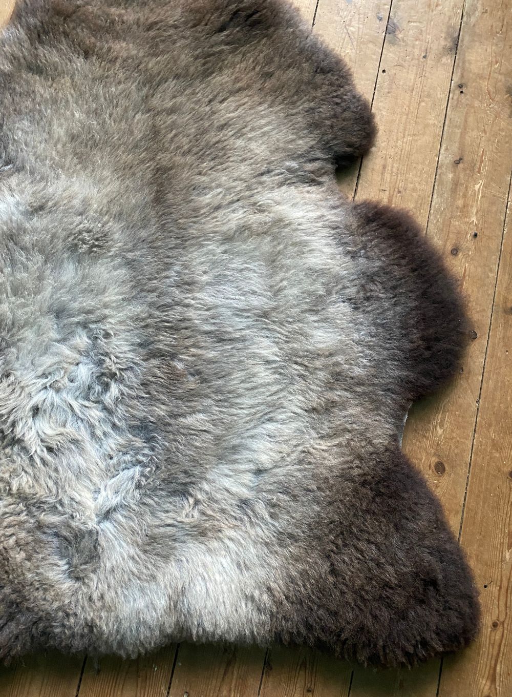 Grey and brown sheepskin rug close up