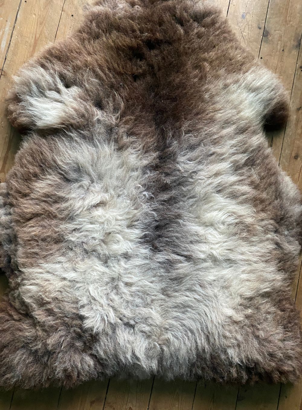 Grey and brown sheepskin rug close up