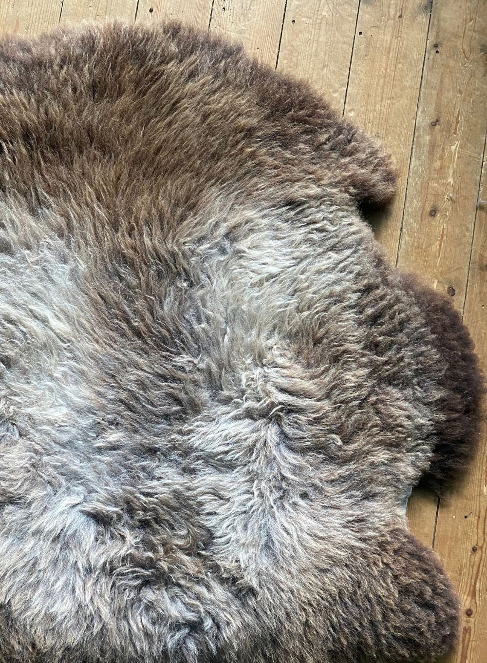 Grey and brown sheepskin rug close up