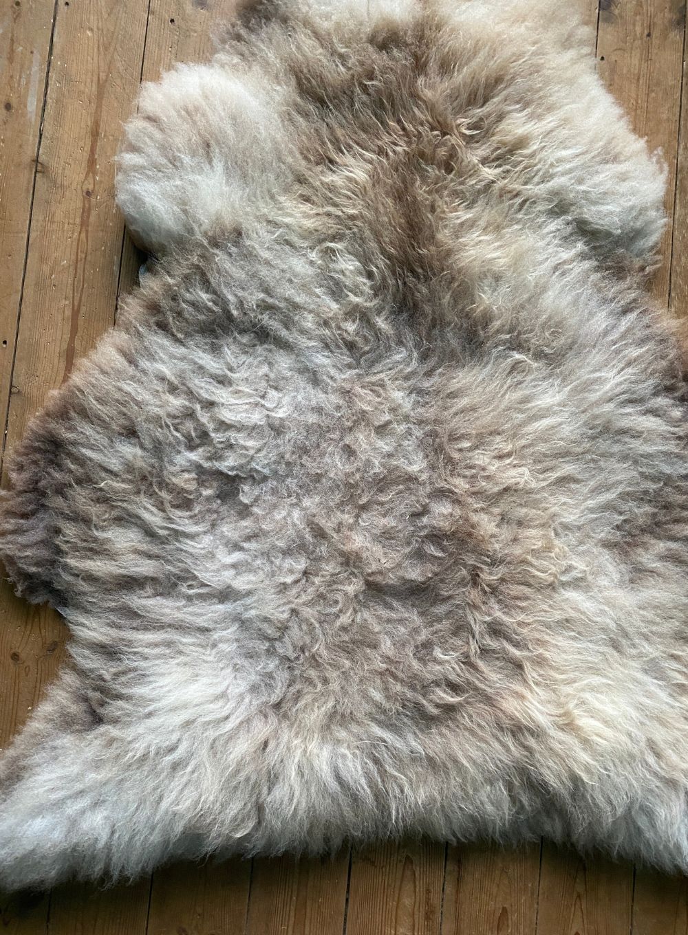 Cream speckled sheepskin rug close up