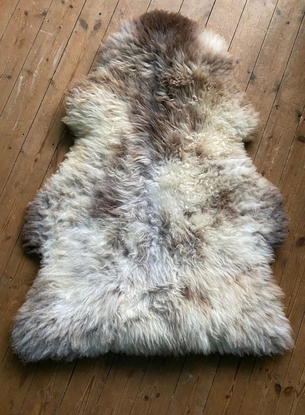 Cream speckled rug on wooden floor
