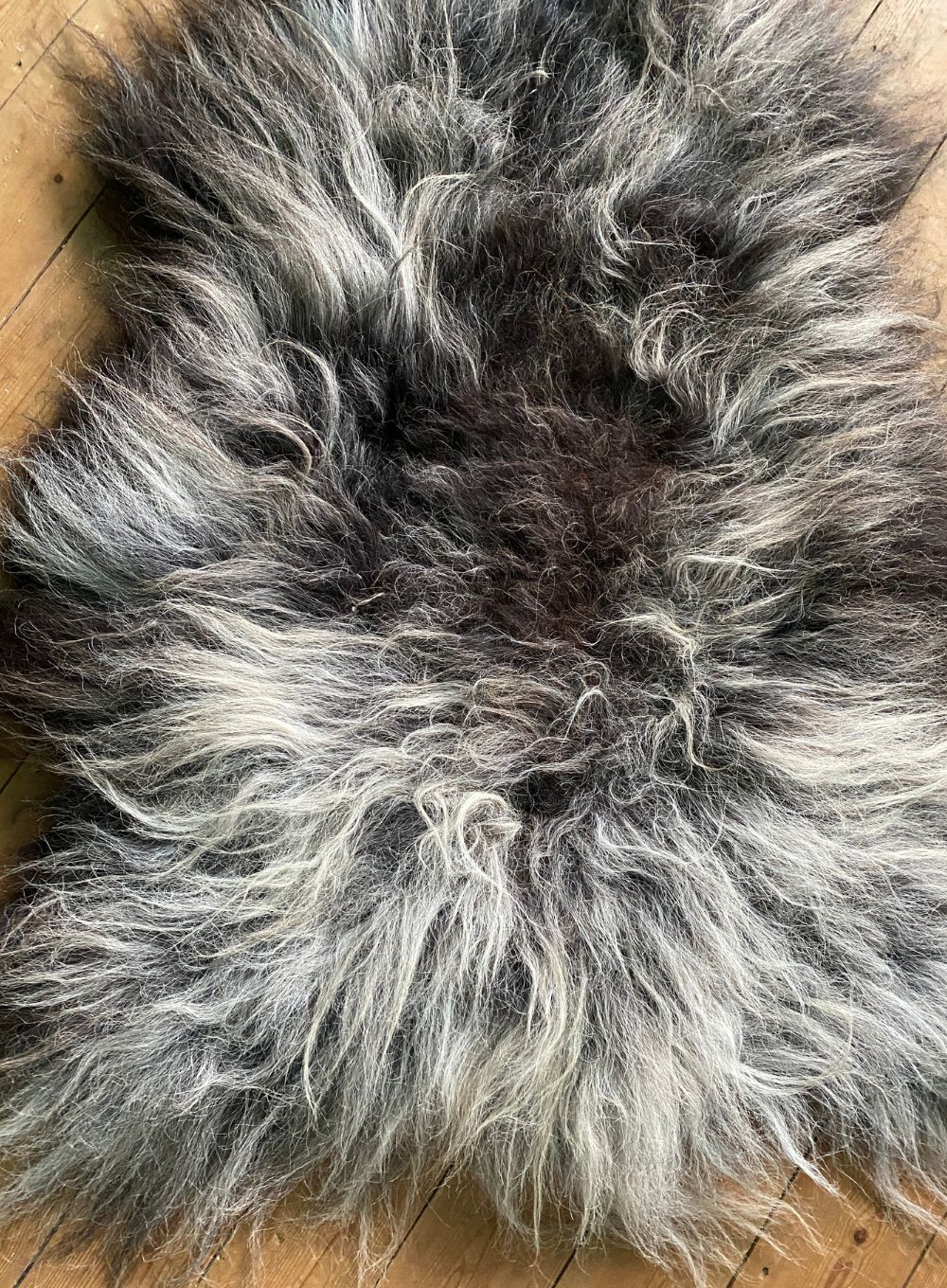 Grey and cream sheepskin rug close up