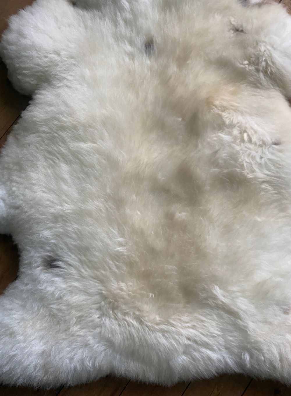 Cream speckled sheepskin rug close up