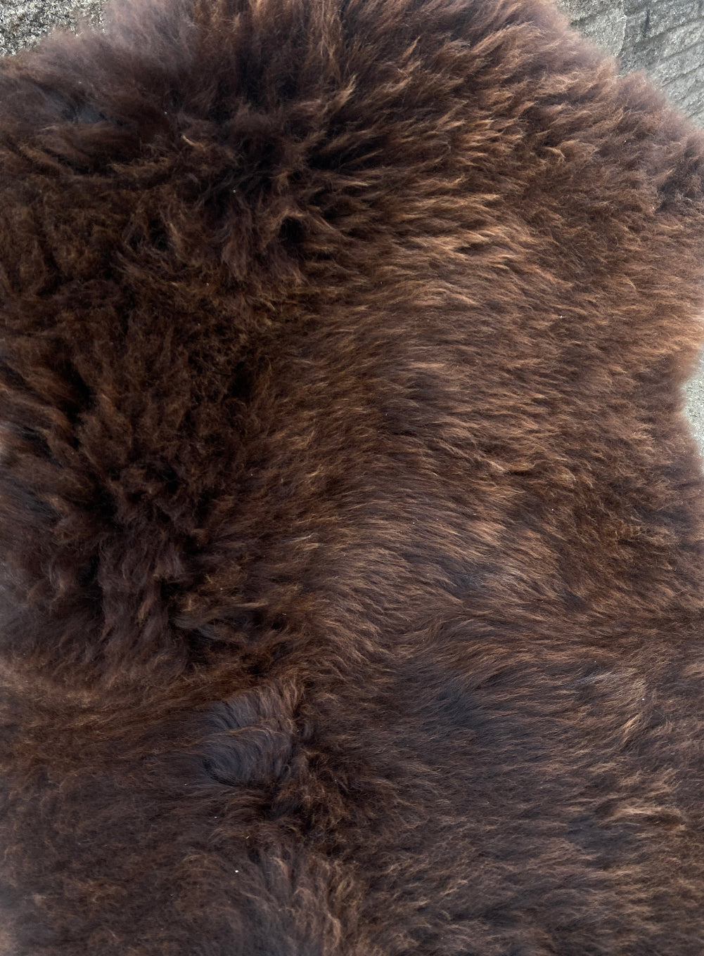 Dark brown sheepskin rug close up