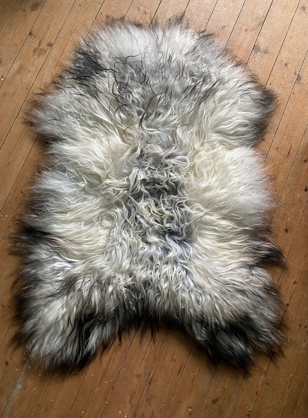 Grey and cream long haired sheepskin rug on wooden floor