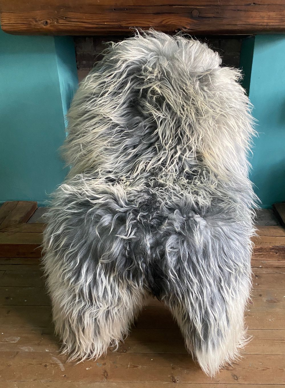 Long haired grey and cream sheepskin rug on chair