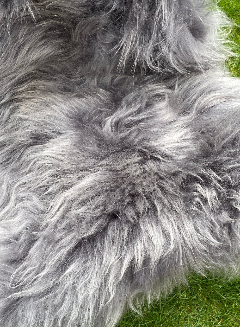 Slate grey Icelandic sheepskin rug close up 