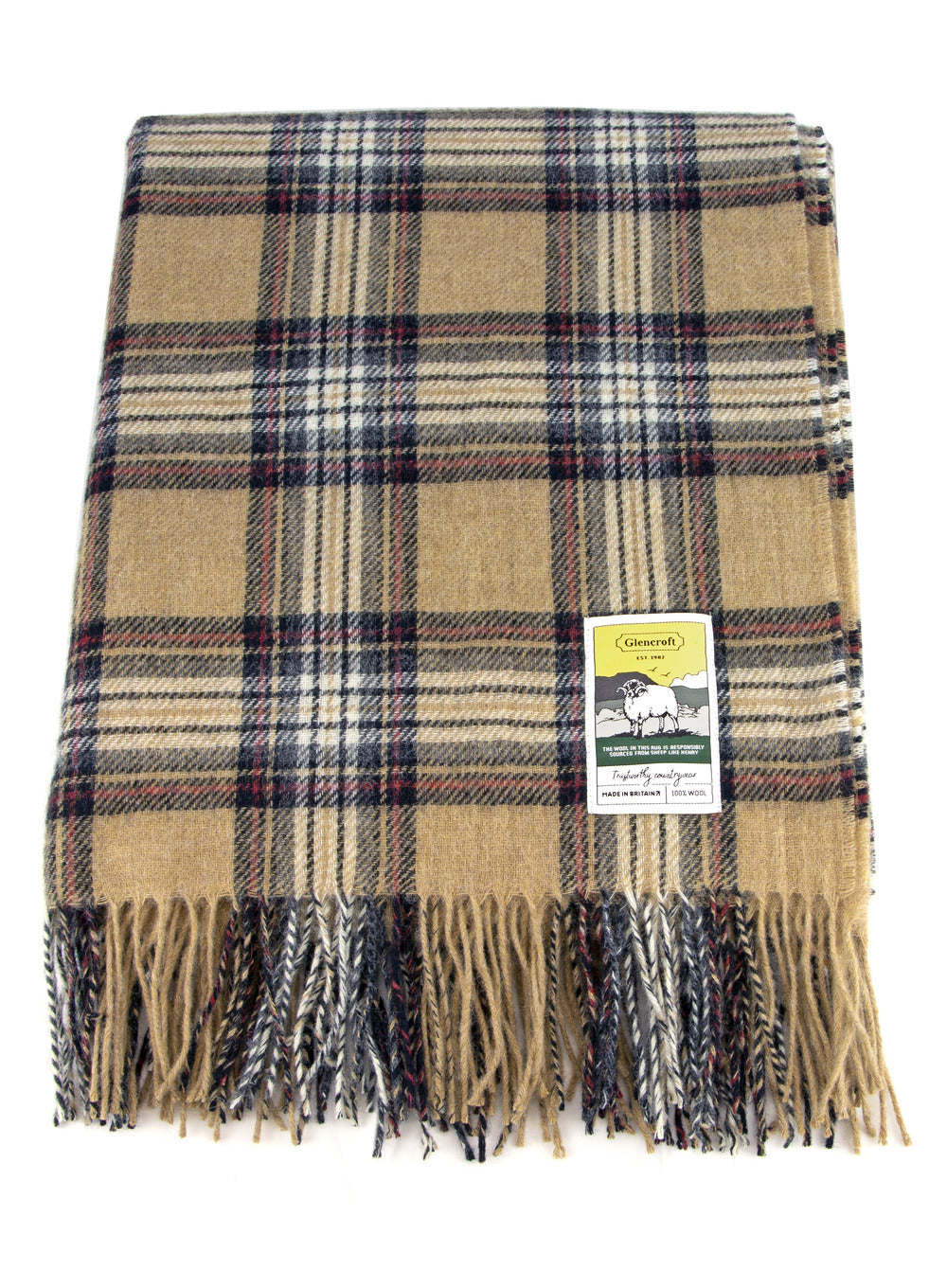 100% Wool Tartan Travel Rug - Stewart Camel