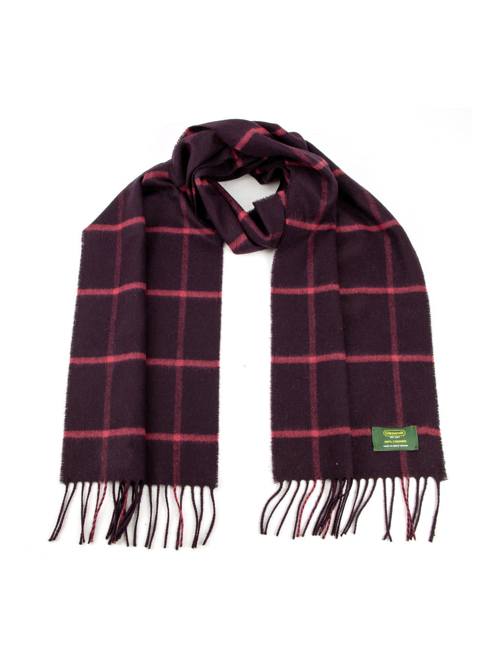 100% Cashmere Scarf Maroon Burgundy Check