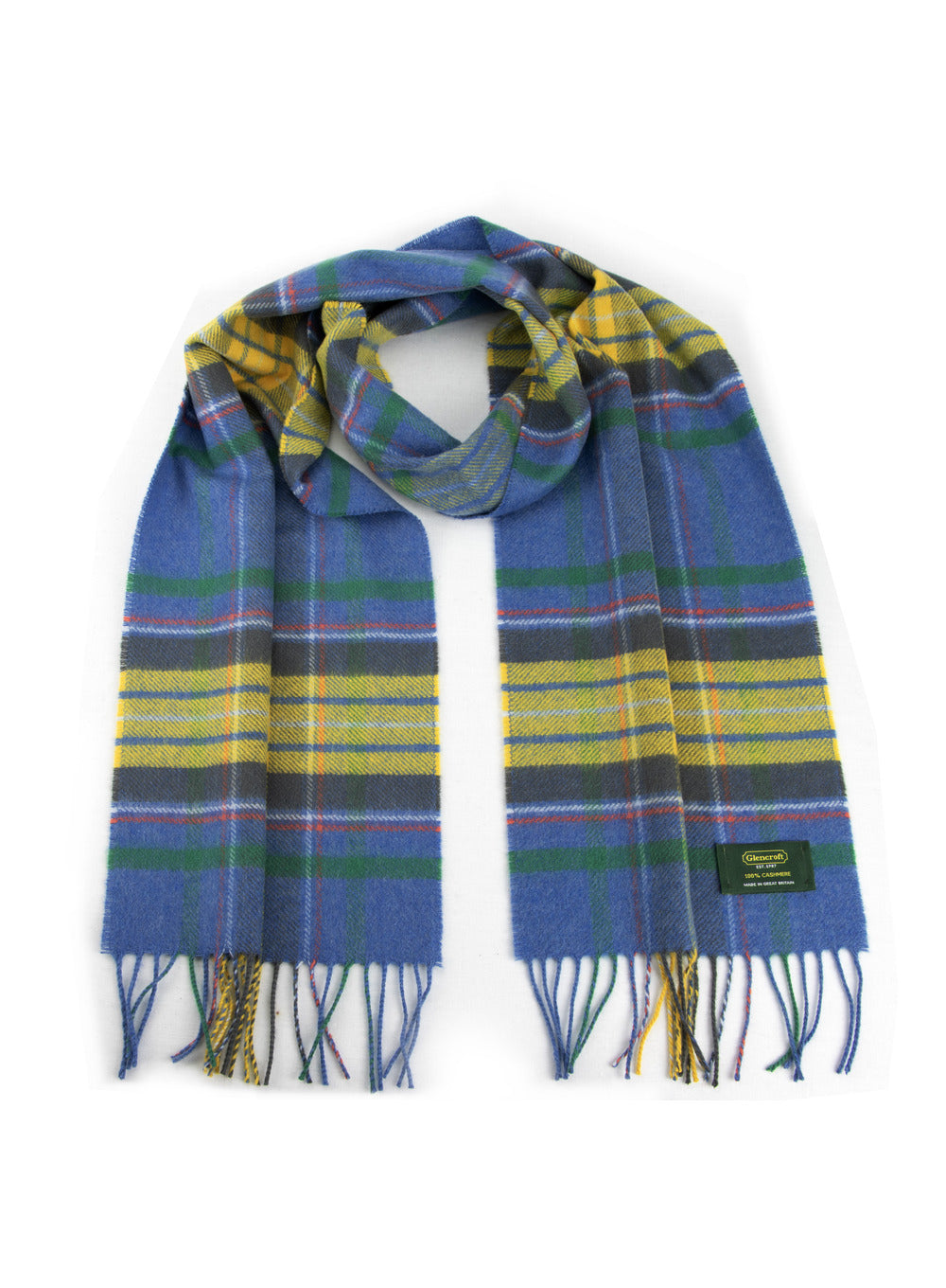 100% Cashmere Scarf Blue Yellow Tartan