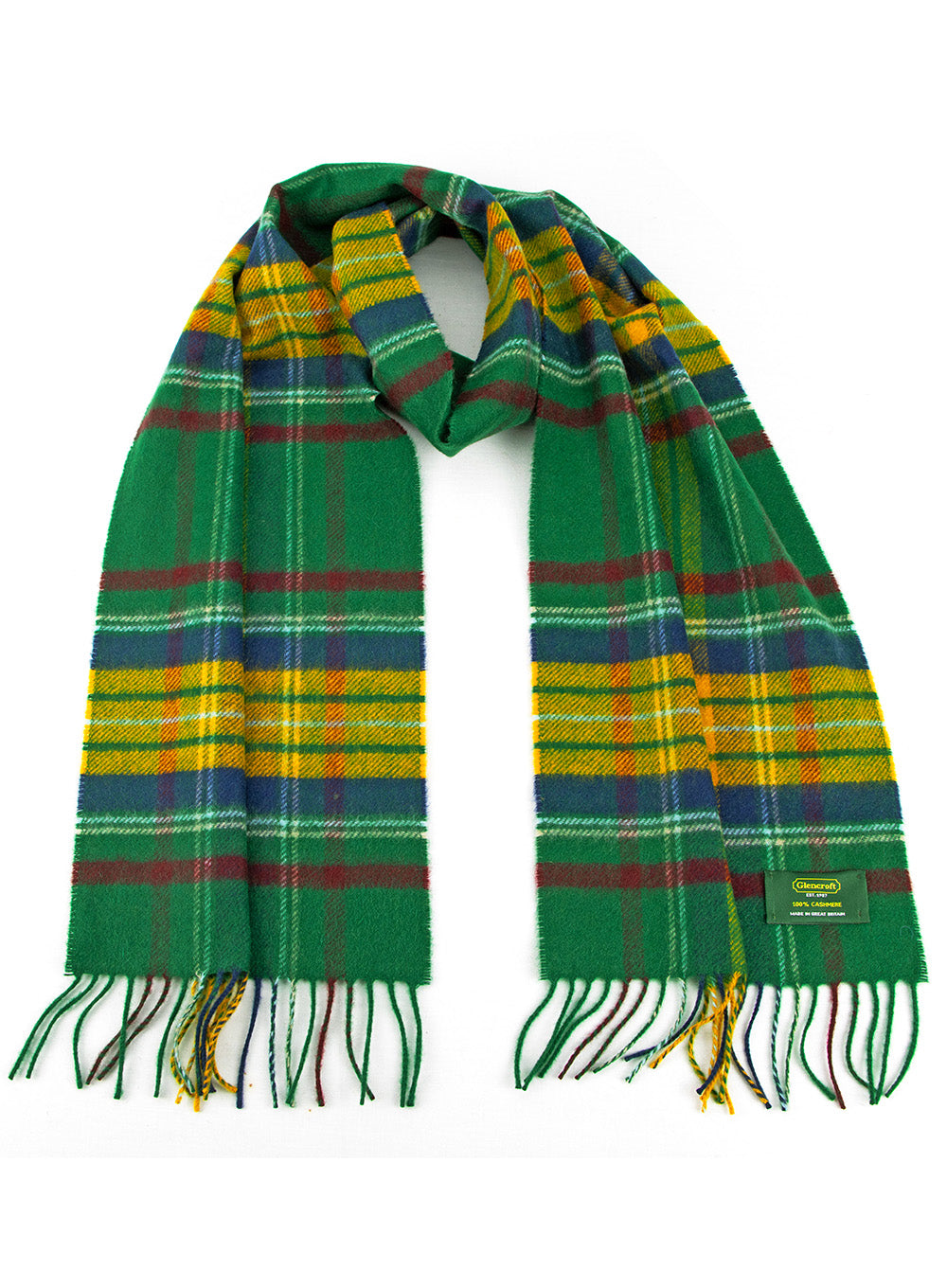 100% Cashmere Scarf Green Yellow Tartan