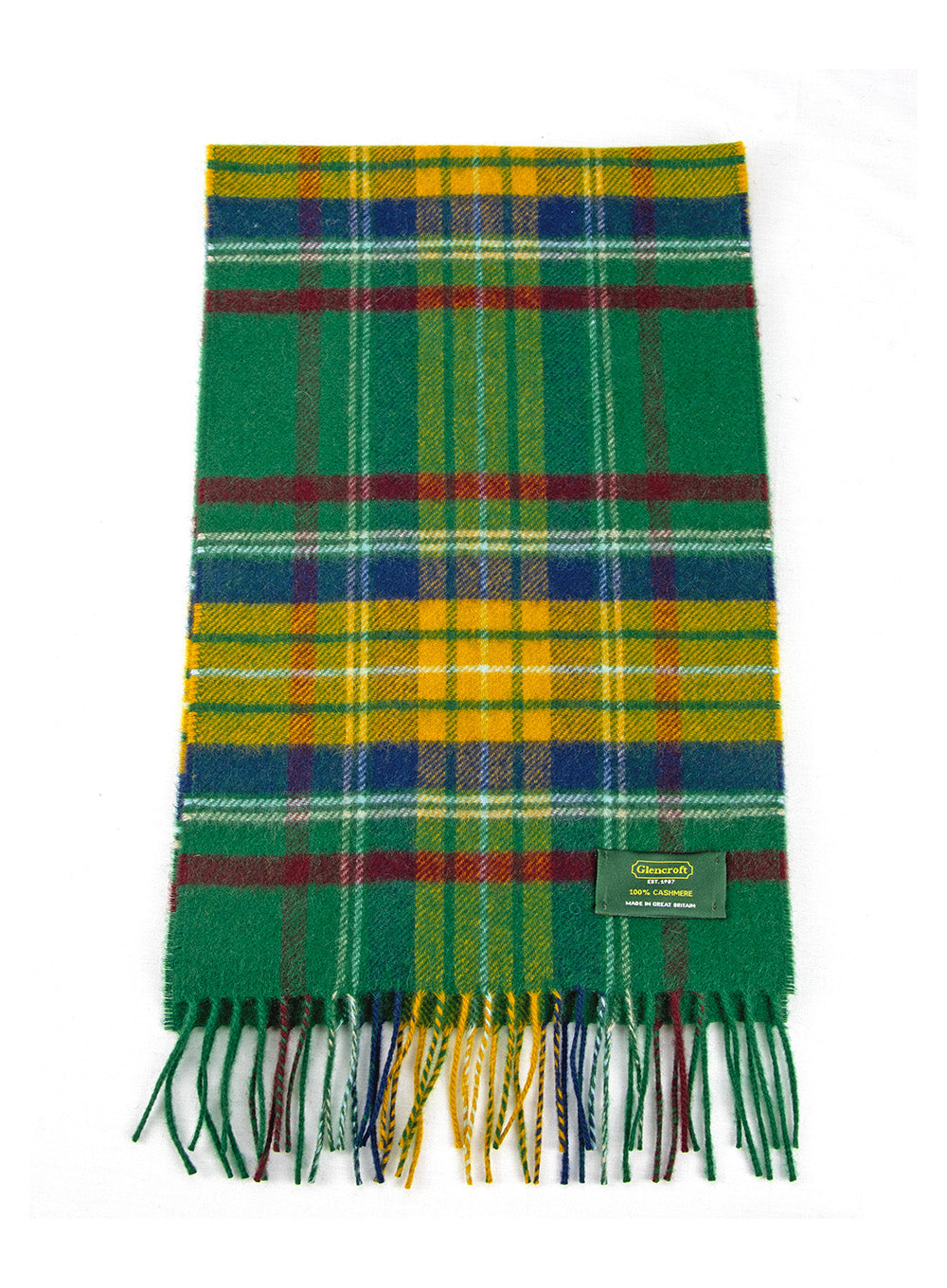 100% Cashmere Scarf Green Yellow Tartan