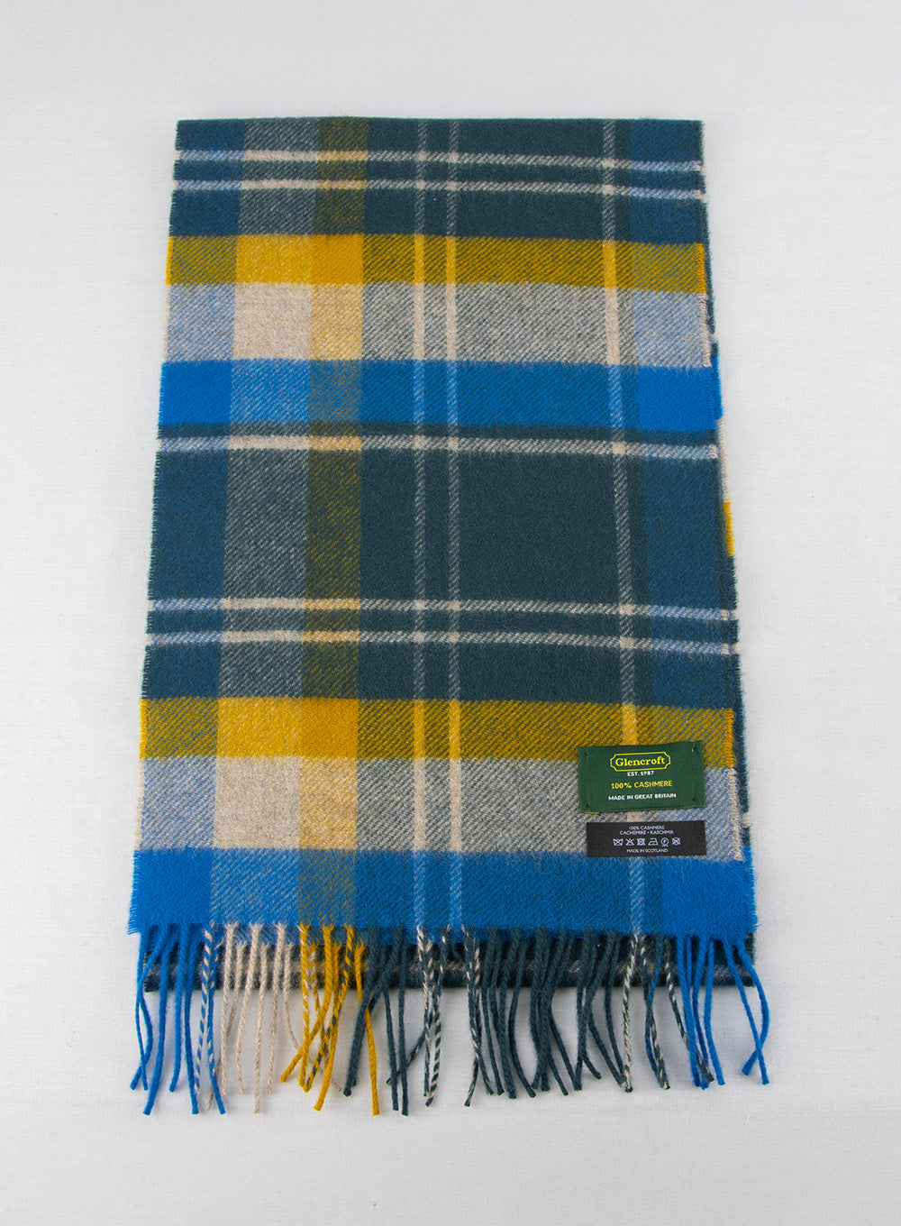 100% Cashmere Scarf Blue Yellow Check