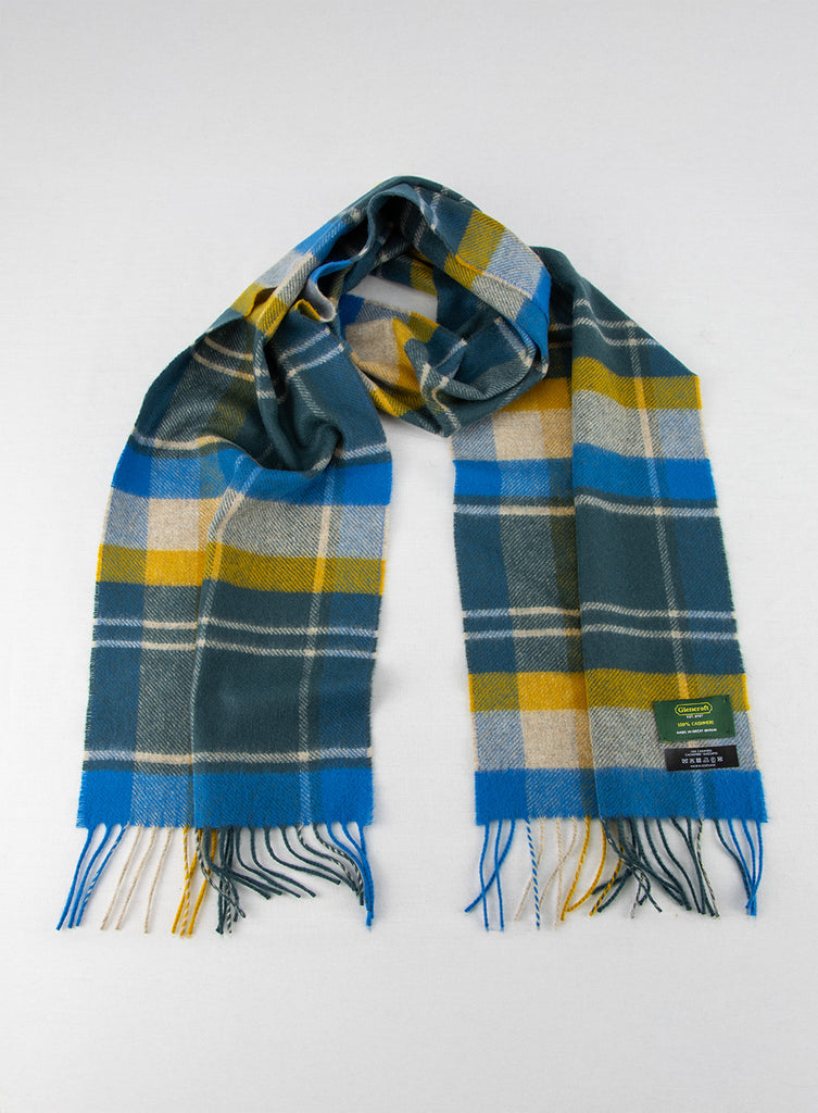 100% Cashmere Scarf Blue Yellow Check