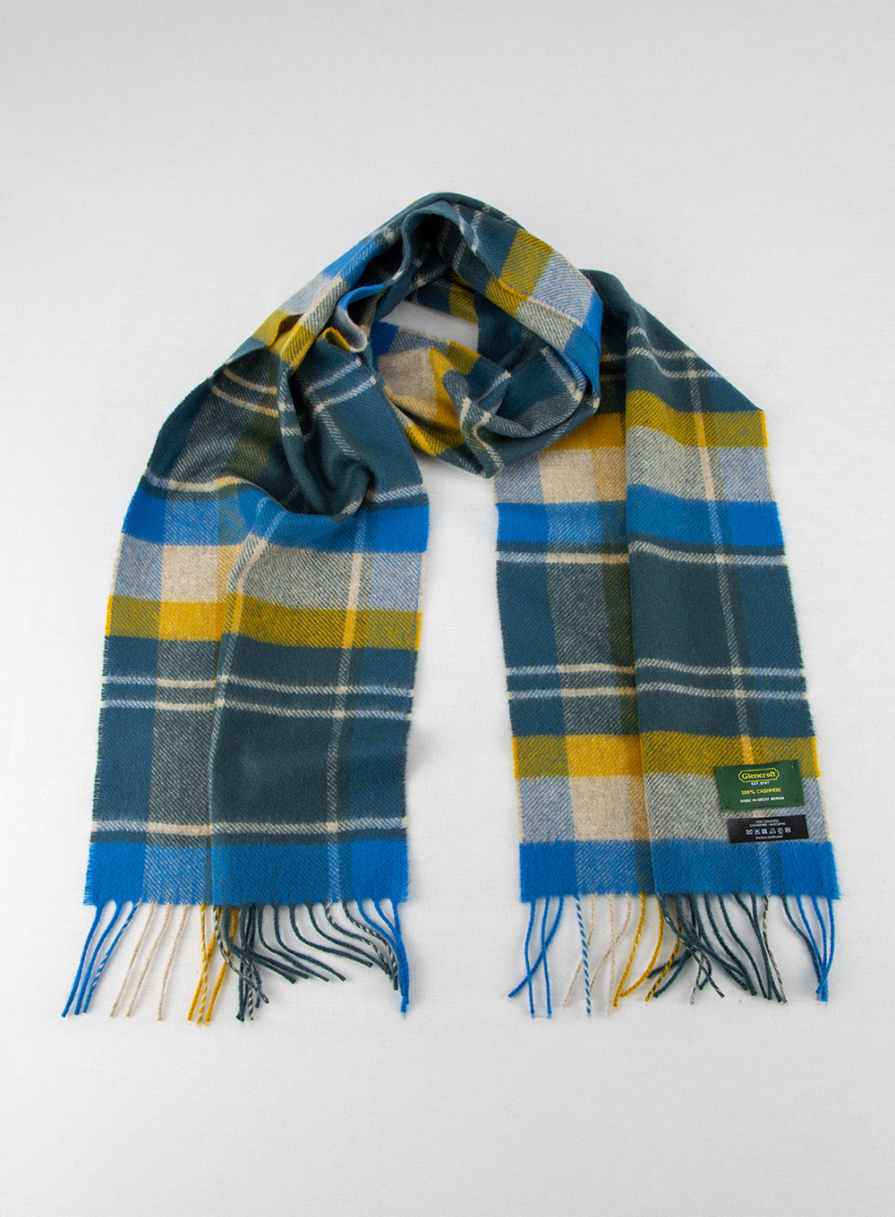 100% Cashmere Scarf Blue Yellow Check