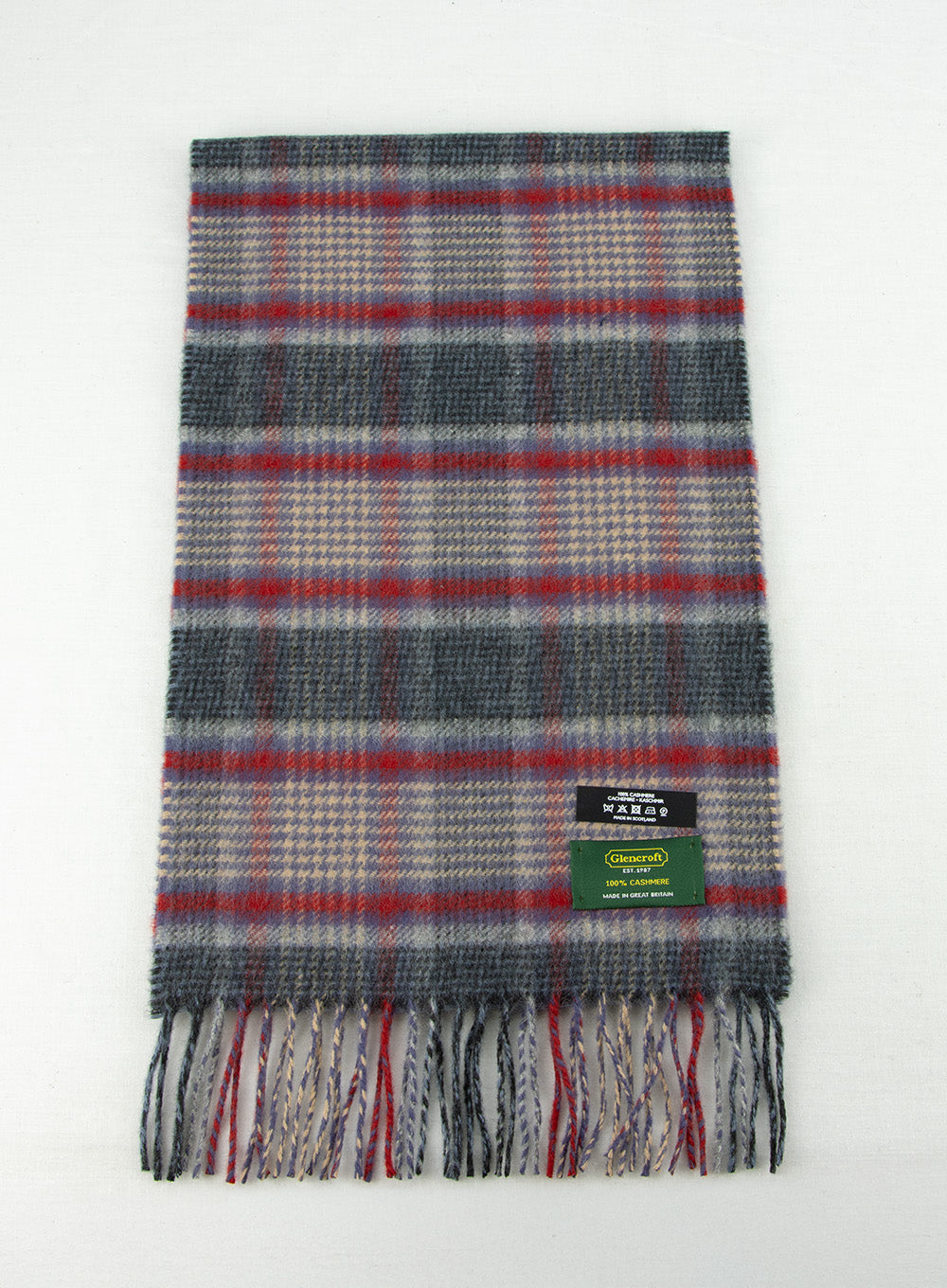 Scottish 100% Cashmere Scarf Grey Red Plaid