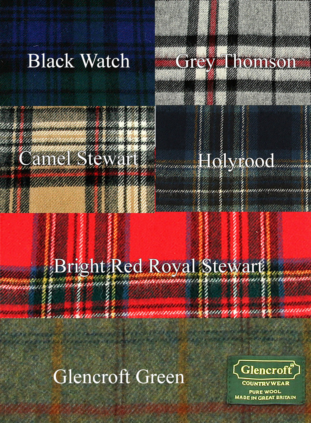 Colour swatch of six different tartan scarves