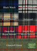 A swatch showing 7 different tartan patterns with the names over the top