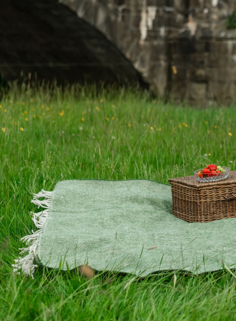 A wool blanket laid on grass with a picnic basket om top