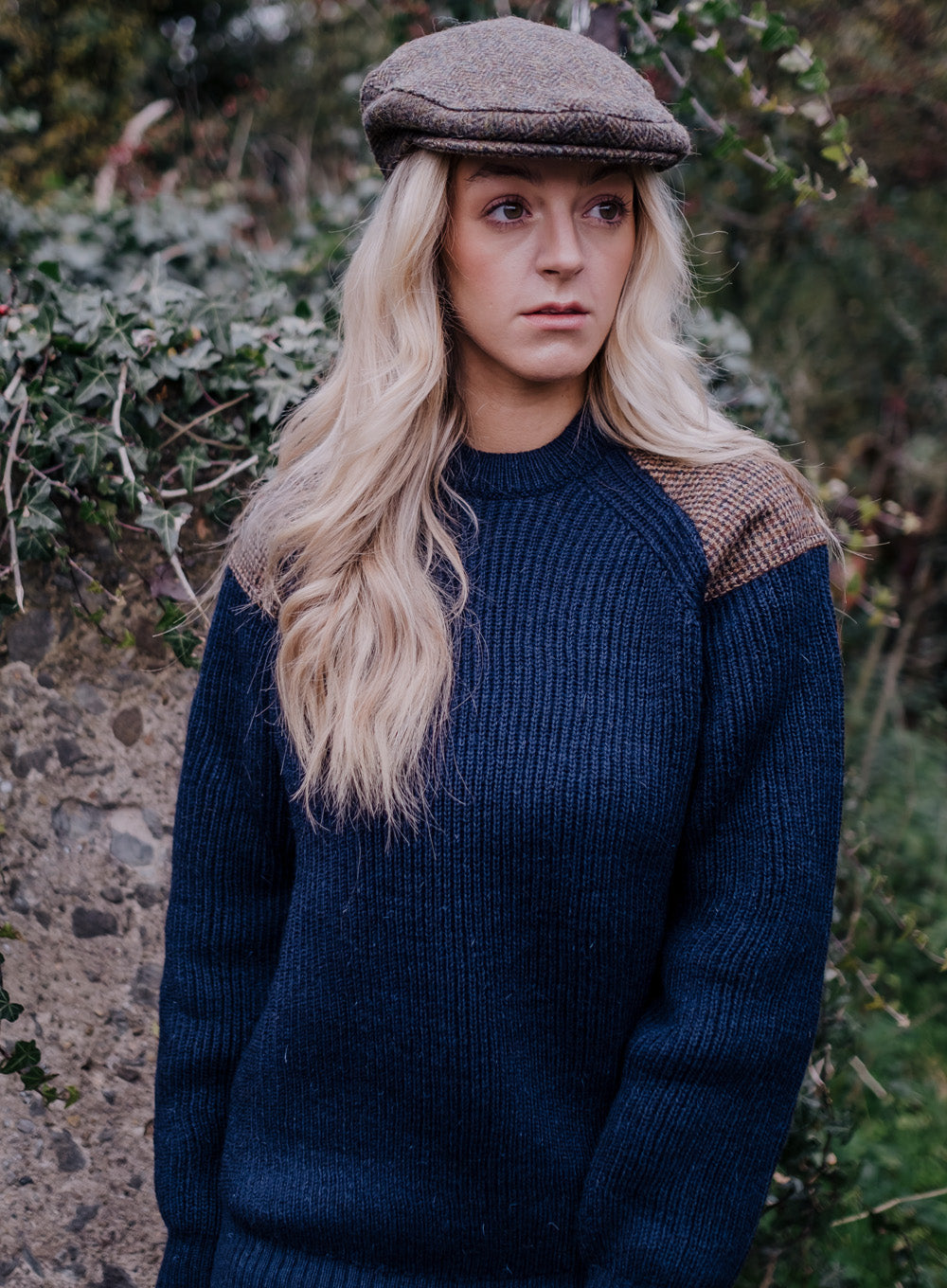 Tweed Patch Navy British Wool Chunky Sweater