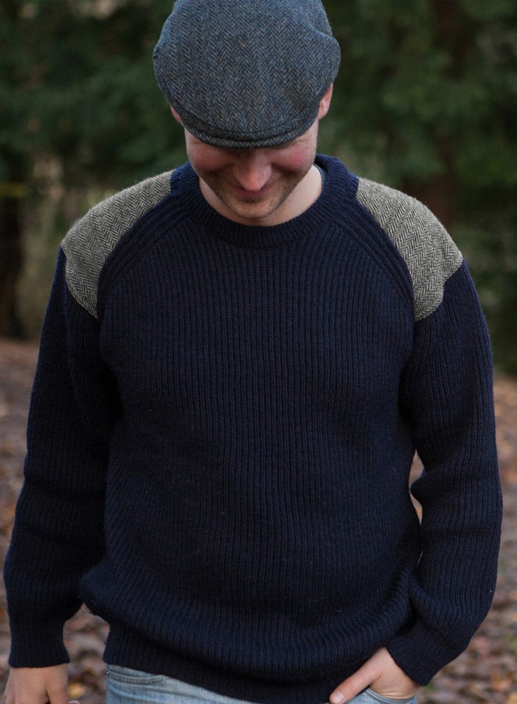 Tweed Patch Navy British Wool Chunky Sweater